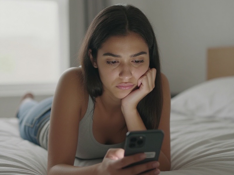 A young woman lying on a bed resting her chin on her hand, looking at her phone with a flat, unenthusiastic expression, soft daylight from a window
