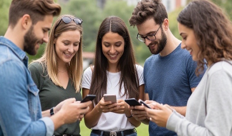 A young woman smiling at her phone while chatting with a new match on a free Telegram dating app at home.