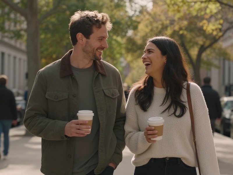 A couple laughing together while walking through an outdoor market on a relaxed second date, warm natural daylight, candid and genuine mood